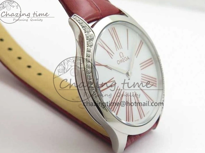 0402 Ladies’ De Ville Trésor Diamond SS 3AF 1:1 Best Edition White Dial On Red Leather Strap Swiss Quartz Snug 7885